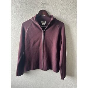 Pendleton Women's Burgundy Leather Trim Zip Up Knit Sweater Jacket M Old Money